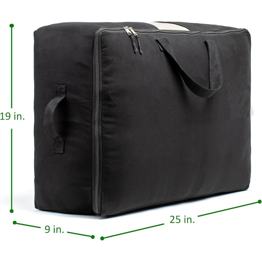 Soft Canvas Storage Bags with Zipper. Thick Breathable, 1pc King/Queen Comforter Organizer. Four Carrying Handles and Window. Large 25x19x9in Bag for Sheets Blankets Bedding Pillows, Clothes (Black)