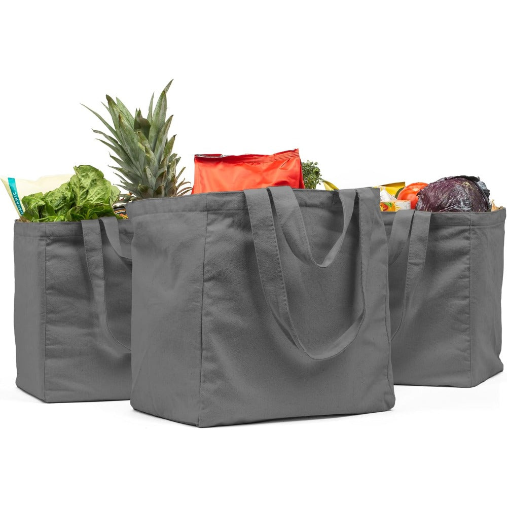 Canvas Grocery Bag 3pc XL Set with Real Pockets, Long Shoulder Strap and Short Handle. Heavy Duty, Foldable, Washable