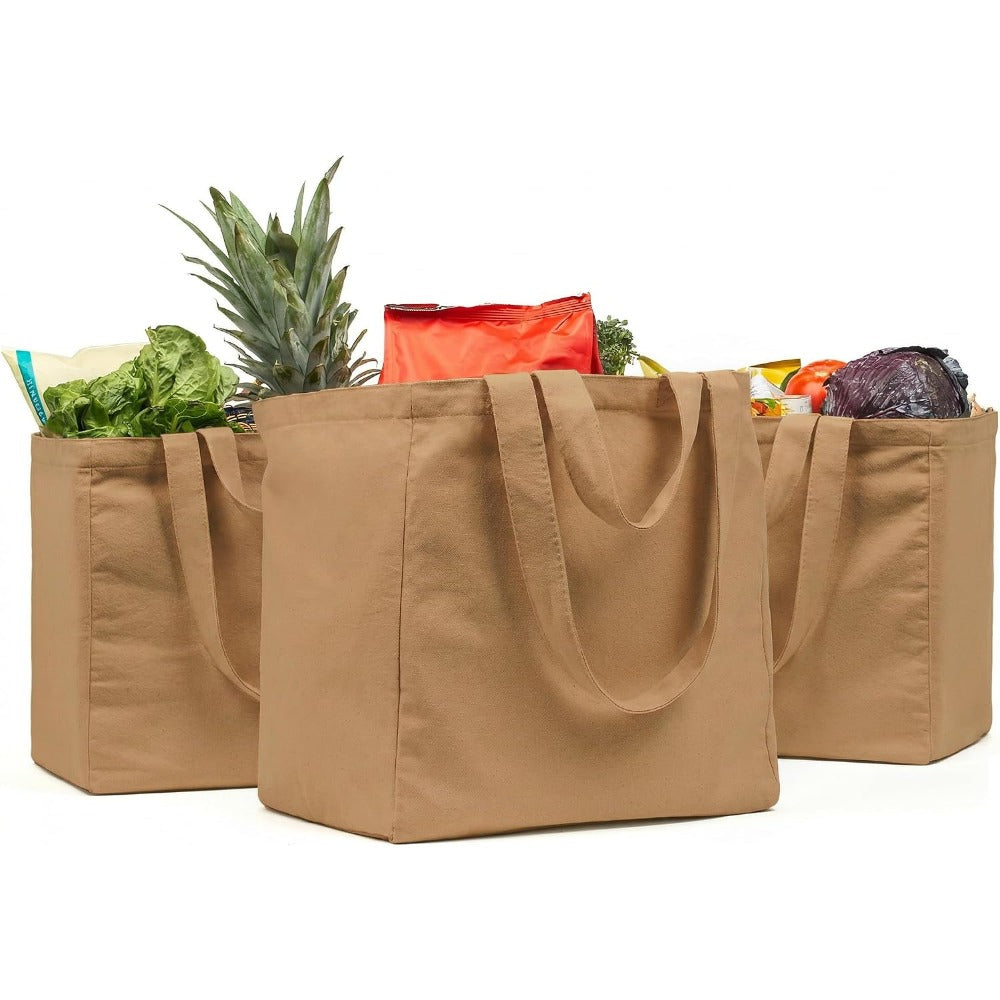 Canvas Grocery Bag 3pc XL Set with Real Pockets, Long Shoulder Strap and Short Handle. Heavy Duty, Foldable, Washable