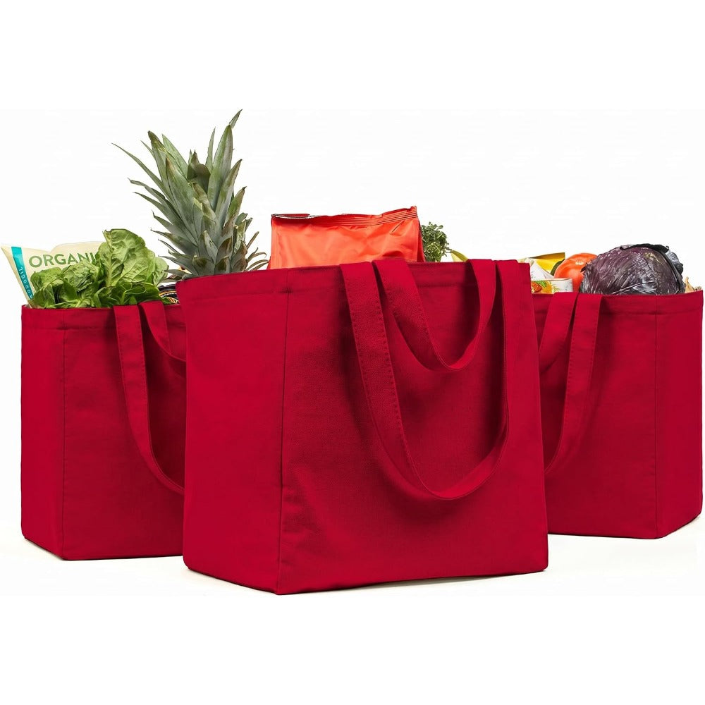 Canvas Grocery Bag 3pc XL Set with Real Pockets, Long Shoulder Strap and Short Handle. Heavy Duty, Foldable, Washable