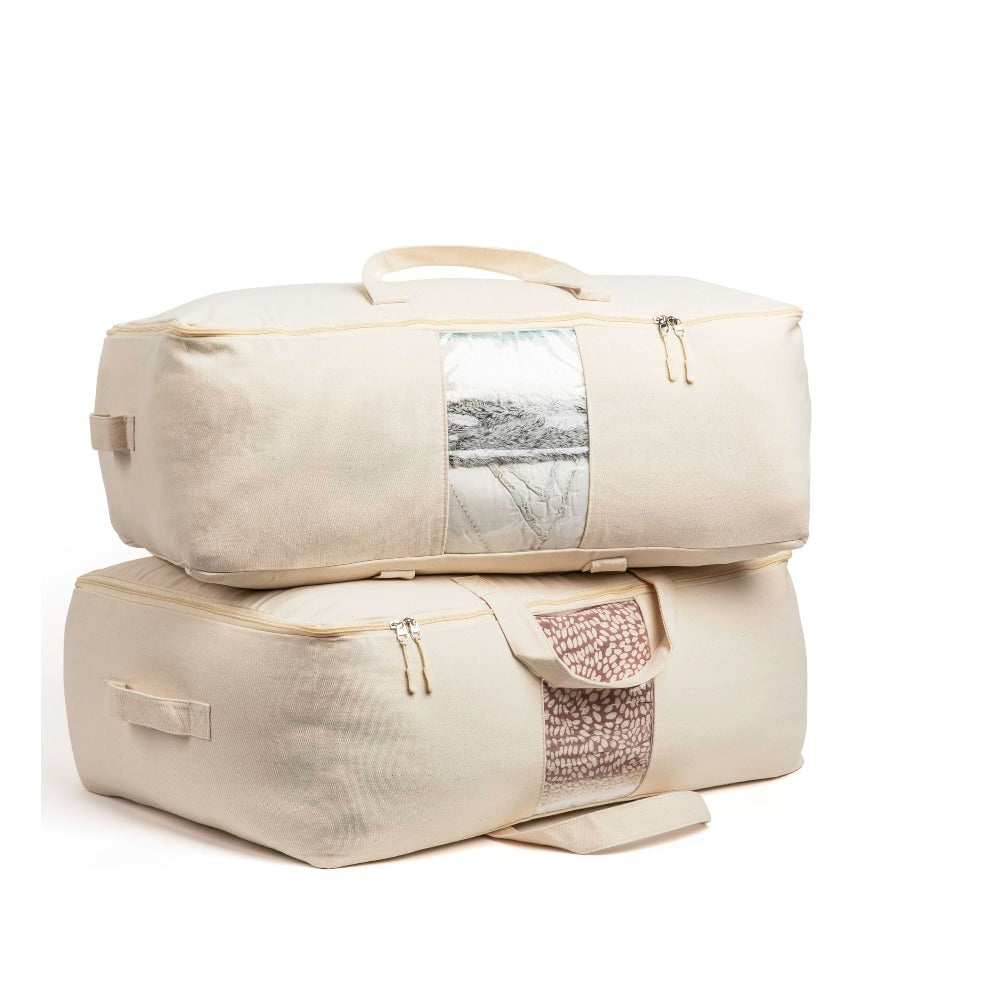 Soft Canvas Storage Bags with Zipper. Thick Breathable, 1pc King/Queen Comforter Organizer. Four Carrying Handles and Window. Large 25x19x9in Bag for Sheets Blankets Bedding Pillows, Clothes (Black)
