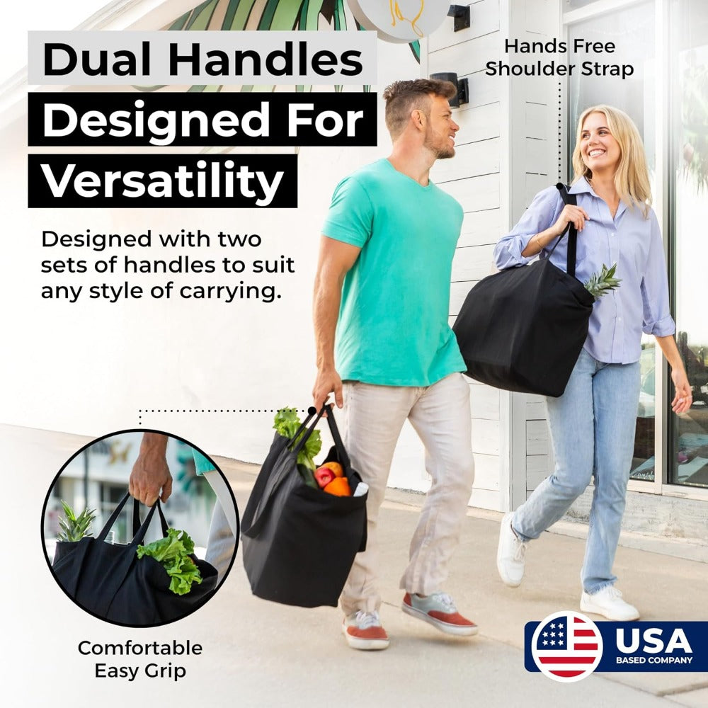 Canvas Grocery Bag 3pc XL Set with Real Pockets, Long Shoulder Strap and Short Handle. Heavy Duty, Foldable, Washable
