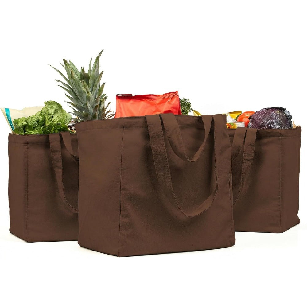 Canvas Grocery Bag 3pc XL Set with Real Pockets, Long Shoulder Strap and Short Handle. Heavy Duty, Foldable, Washable