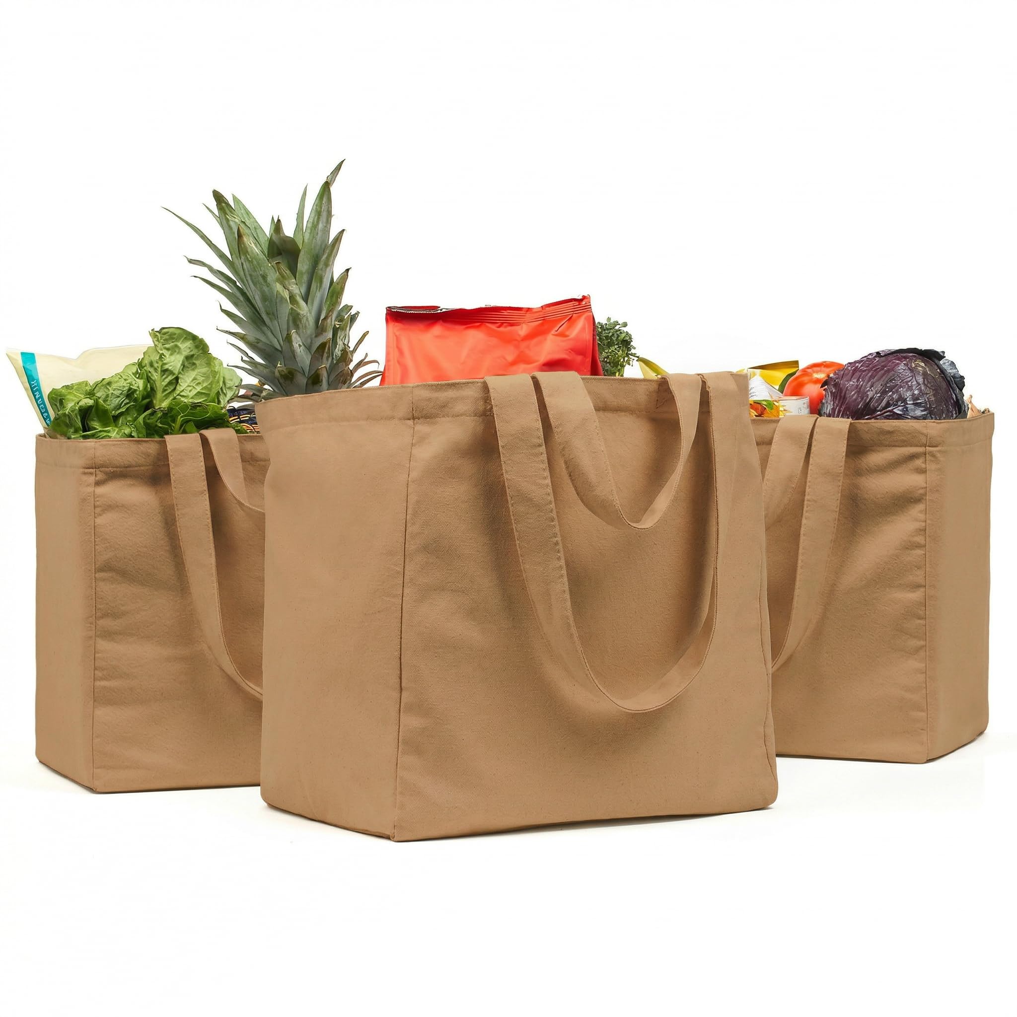 Canvas Grocery Bag 3pc XL Set with Real Pockets, Long Shoulder Strap and Short Handle. Heavy Duty, Foldable, Washable