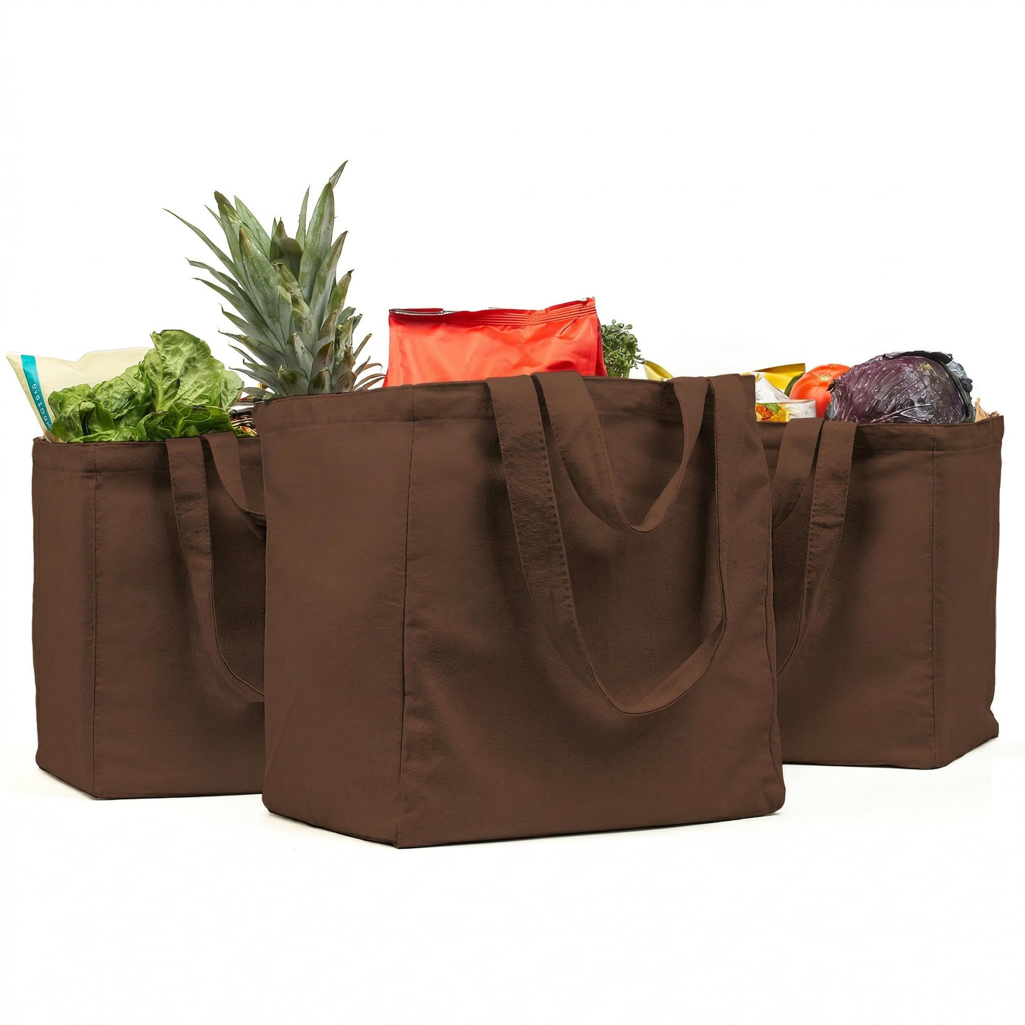 Canvas Grocery Bag 3pc XL Set with Real Pockets, Long Shoulder Strap and Short Handle. Heavy Duty, Foldable, Washable
