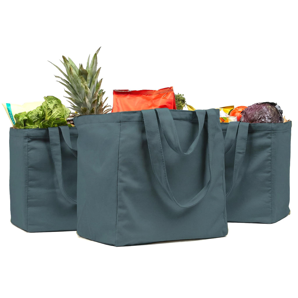 Canvas Grocery Bag 3pc XL Set with Real Pockets, Long Shoulder Strap and Short Handle. Heavy Duty, Foldable, Washable