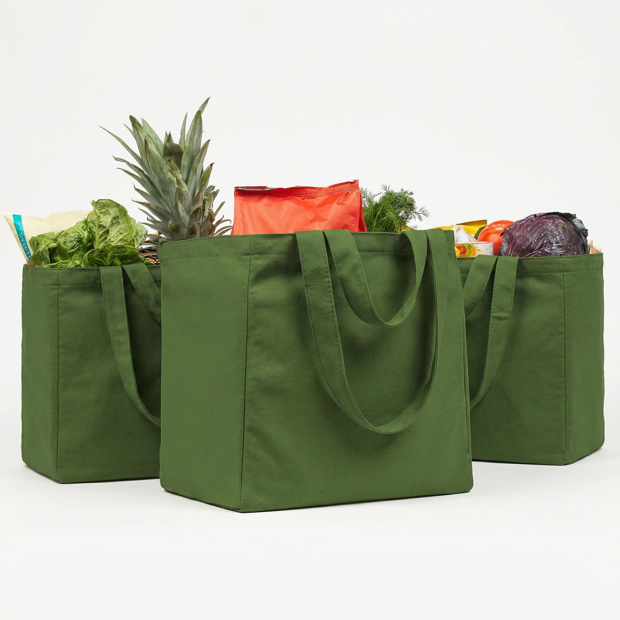 Canvas Grocery Bag 3pc XL Set with Real Pockets, Long Shoulder Strap and Short Handle. Heavy Duty, Foldable, Washable