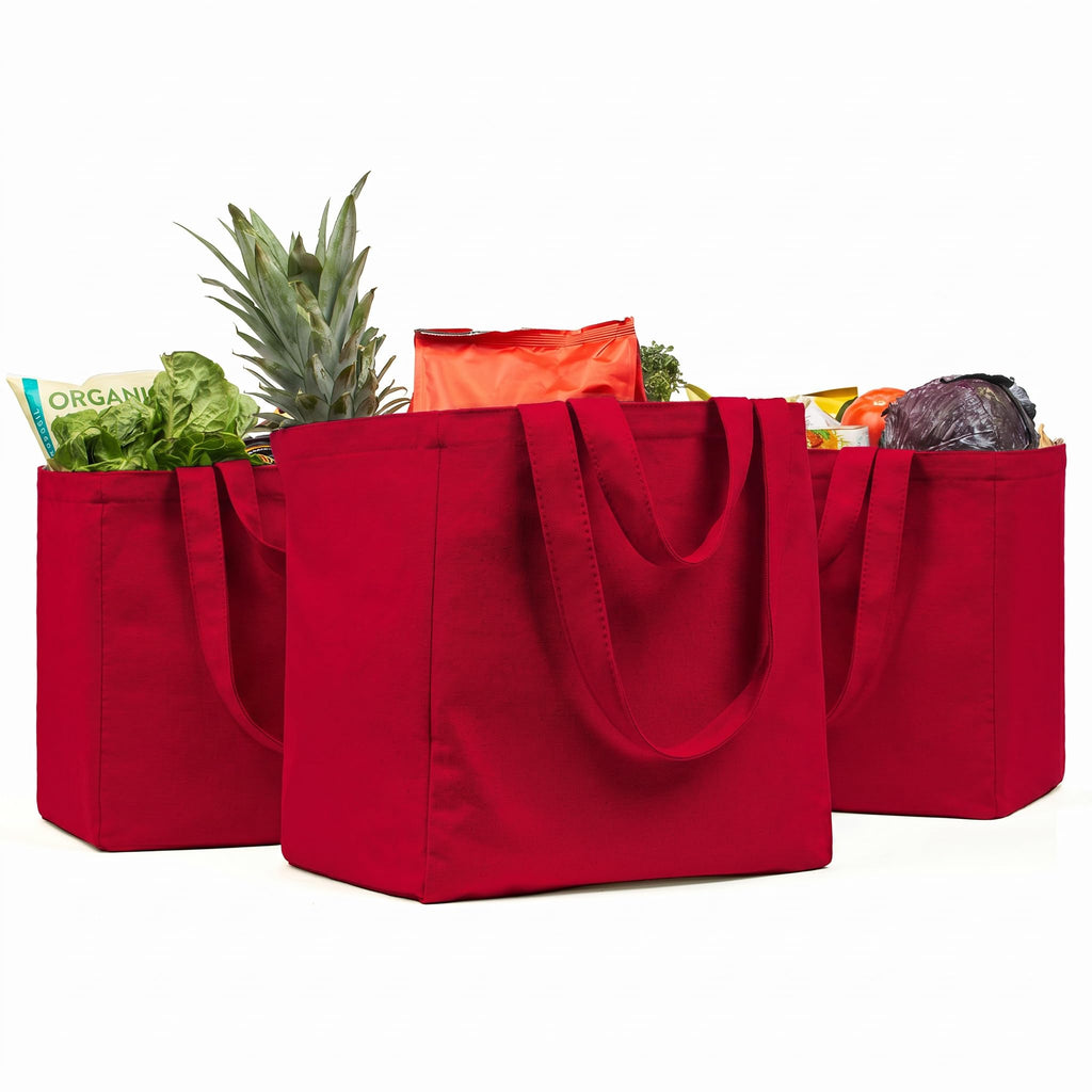 Canvas Grocery Bag 3pc XL Set with Real Pockets, Long Shoulder Strap and Short Handle. Heavy Duty, Foldable, Washable