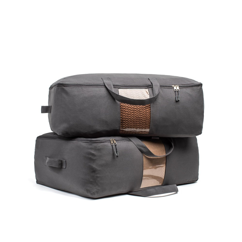 Soft Canvas Storage Bags with Zipper. Thick Breathable, 1pc King/Queen Comforter Organizer. Four Carrying Handles and Window. Large 25x19x9in Bag for Sheets Blankets Bedding Pillows, Clothes (Black)