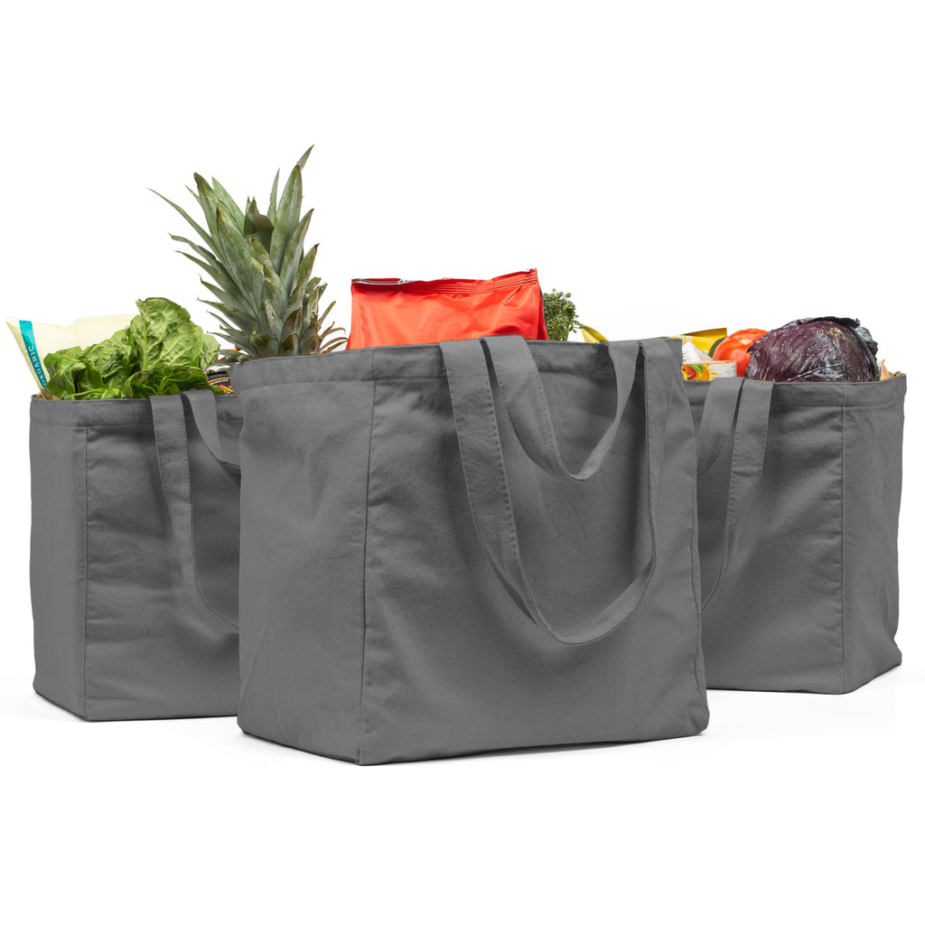 Canvas Grocery Bag 3pc XL Set with Real Pockets, Long Shoulder Strap and Short Handle. Heavy Duty, Foldable, Washable