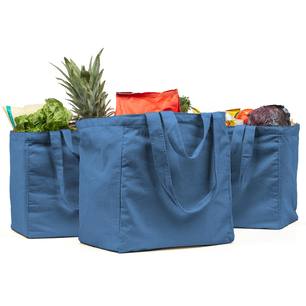Canvas Grocery Bag 3pc XL Set with Real Pockets, Long Shoulder Strap and Short Handle. Heavy Duty, Foldable, Washable