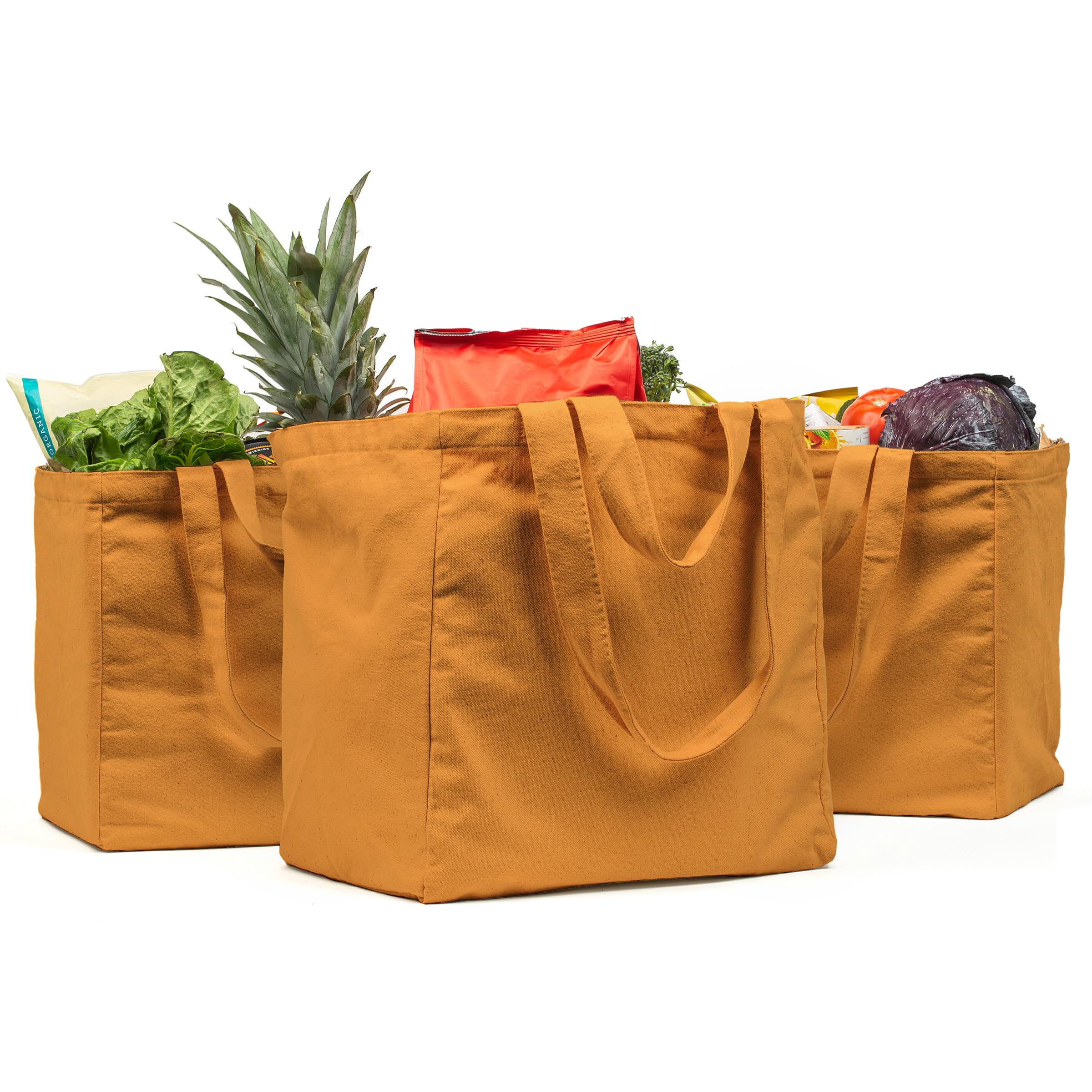 Canvas Grocery Bag 3pc XL Set with Real Pockets, Long Shoulder Strap and Short Handle. Heavy Duty, Foldable, Washable