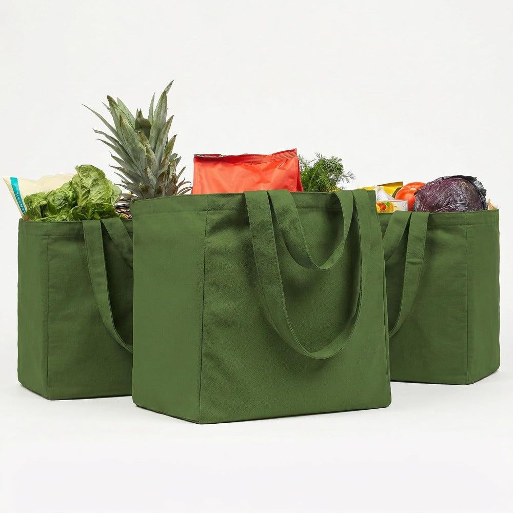 Canvas Grocery Bag 3pc XL Set with Real Pockets, Long Shoulder Strap and Short Handle. Heavy Duty, Foldable, Washable