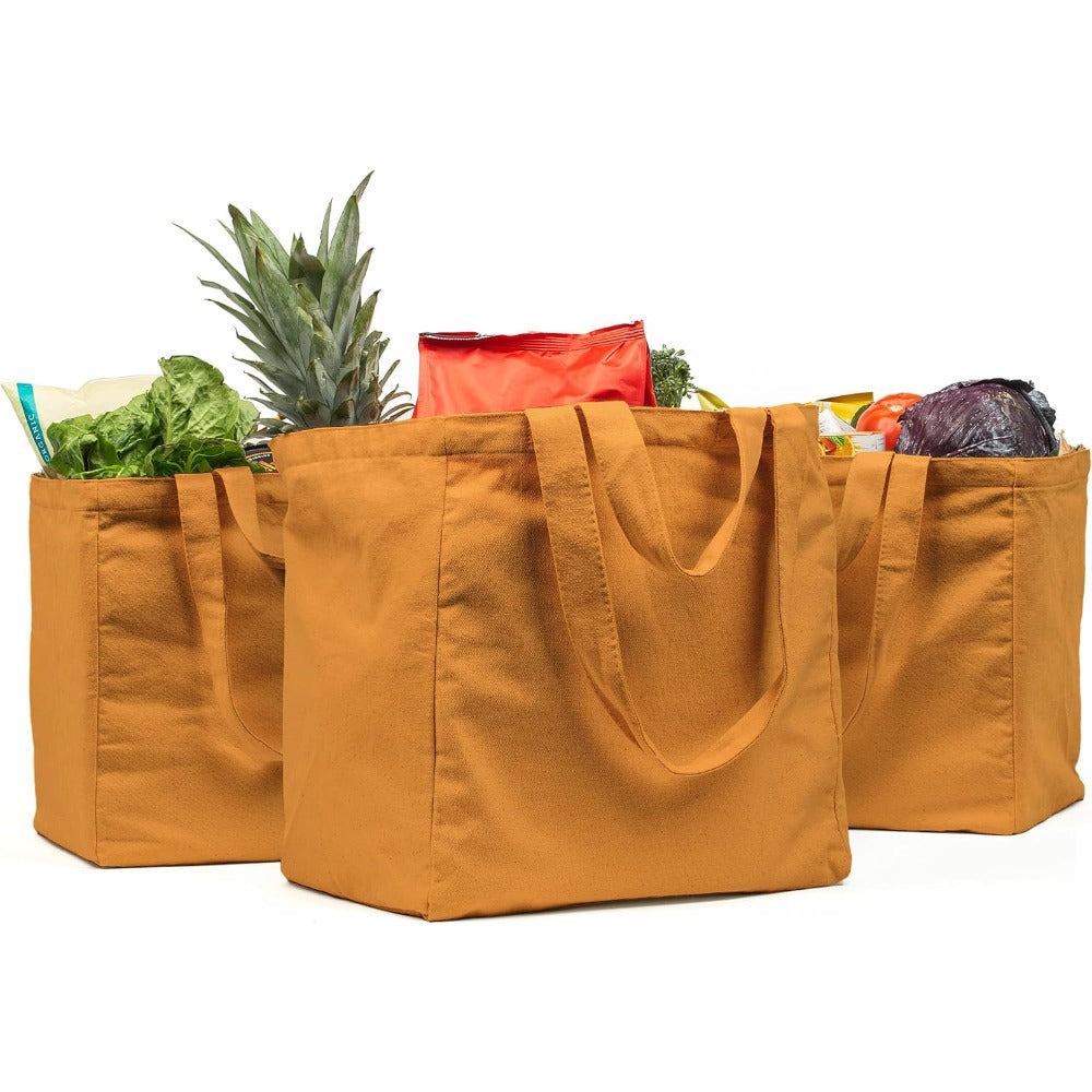 Canvas Grocery Bag 3pc XL Set with Real Pockets, Long Shoulder Strap and Short Handle. Heavy Duty, Foldable, Washable