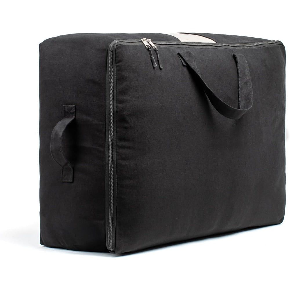 Soft Canvas Storage Bags with Zipper. Thick Breathable, 1pc King/Queen Comforter Organizer. Four Carrying Handles and Window. Large 25x19x9in Bag for Sheets Blankets Bedding Pillows, Clothes (Black)