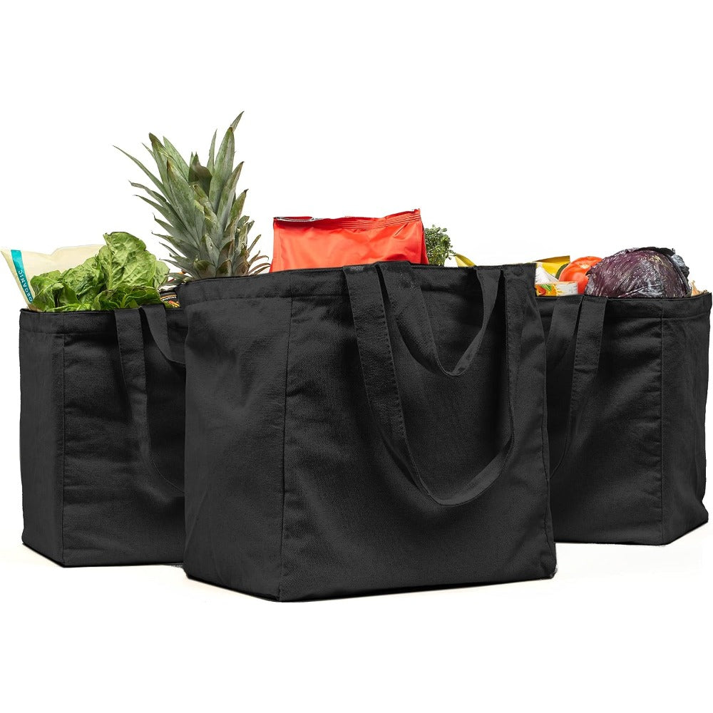 Canvas Grocery Bag 3pc XL Set with Real Pockets, Long Shoulder Strap and Short Handle. Heavy Duty, Foldable, Washable