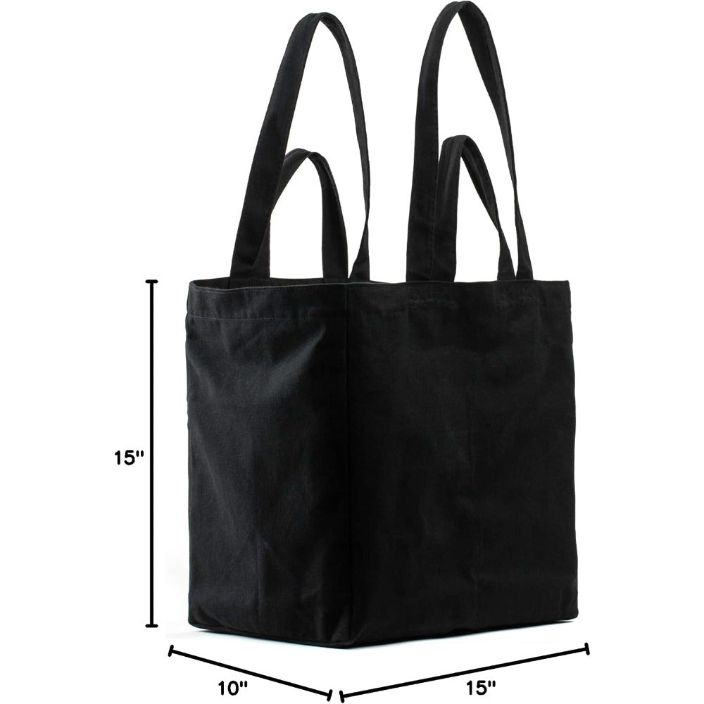 Canvas Grocery Bag 3pc XL Set with Real Pockets, Long Shoulder Strap and Short Handle. Heavy Duty, Foldable, Washable