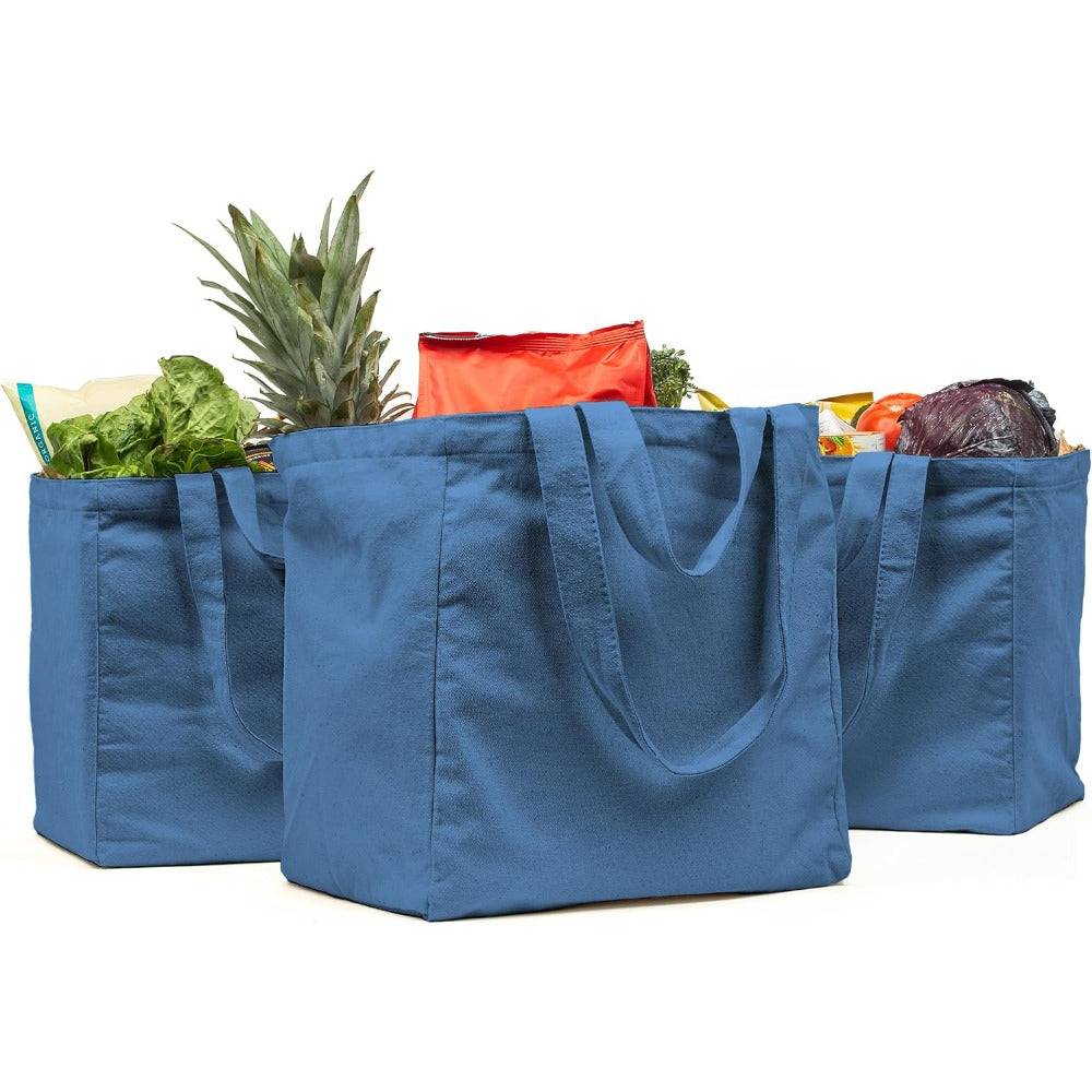 Canvas Grocery Bag 3pc XL Set with Real Pockets, Long Shoulder Strap and Short Handle. Heavy Duty, Foldable, Washable