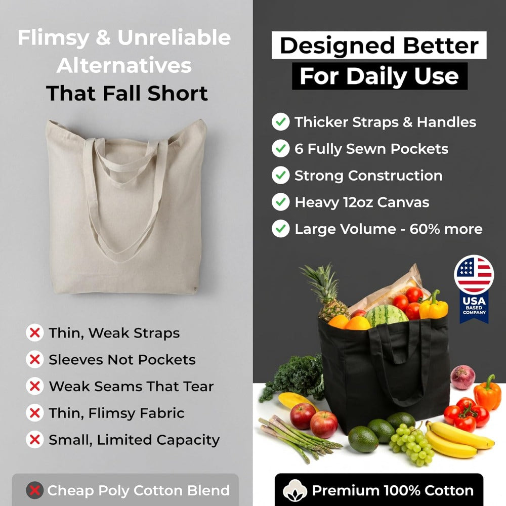 Canvas Grocery Bag 3pc XL Set with Real Pockets, Long Shoulder Strap and Short Handle. Heavy Duty, Foldable, Washable