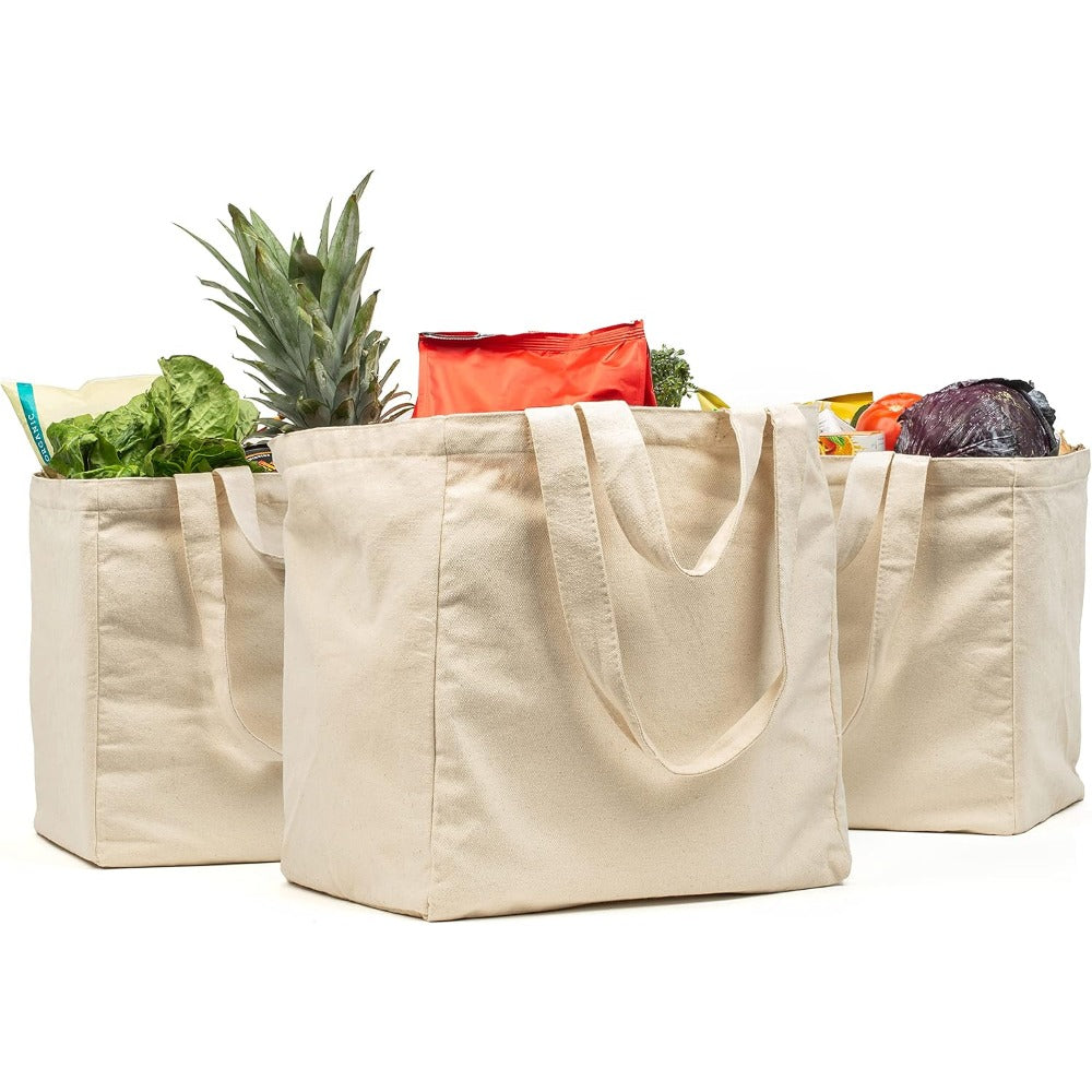 Canvas Grocery Bag 3pc XL Set with Real Pockets, Long Shoulder Strap and Short Handle. Heavy Duty, Foldable, Washable
