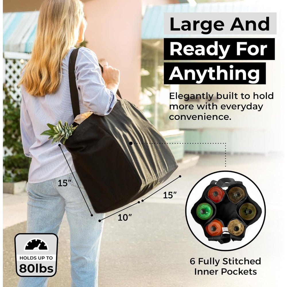 Canvas Grocery Bag 3pc XL Set with Real Pockets, Long Shoulder Strap and Short Handle. Heavy Duty, Foldable, Washable
