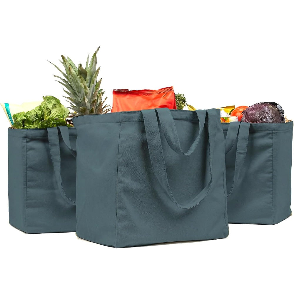 Canvas Grocery Bag 3pc XL Set with Real Pockets, Long Shoulder Strap and Short Handle. Heavy Duty, Foldable, Washable