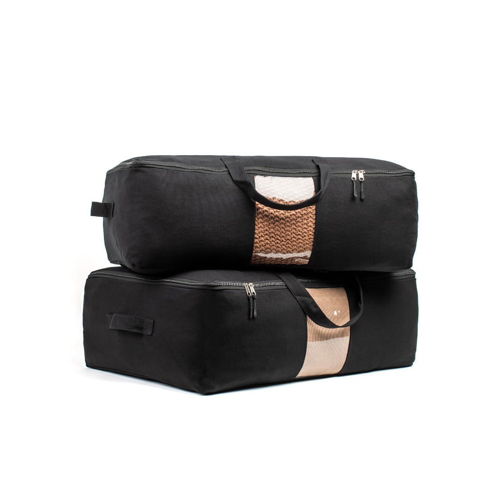 Soft Canvas Storage Bags with Zipper. Thick Breathable, 1pc King/Queen Comforter Organizer. Four Carrying Handles and Window. Large 25x19x9in Bag for Sheets Blankets Bedding Pillows, Clothes (Black)
