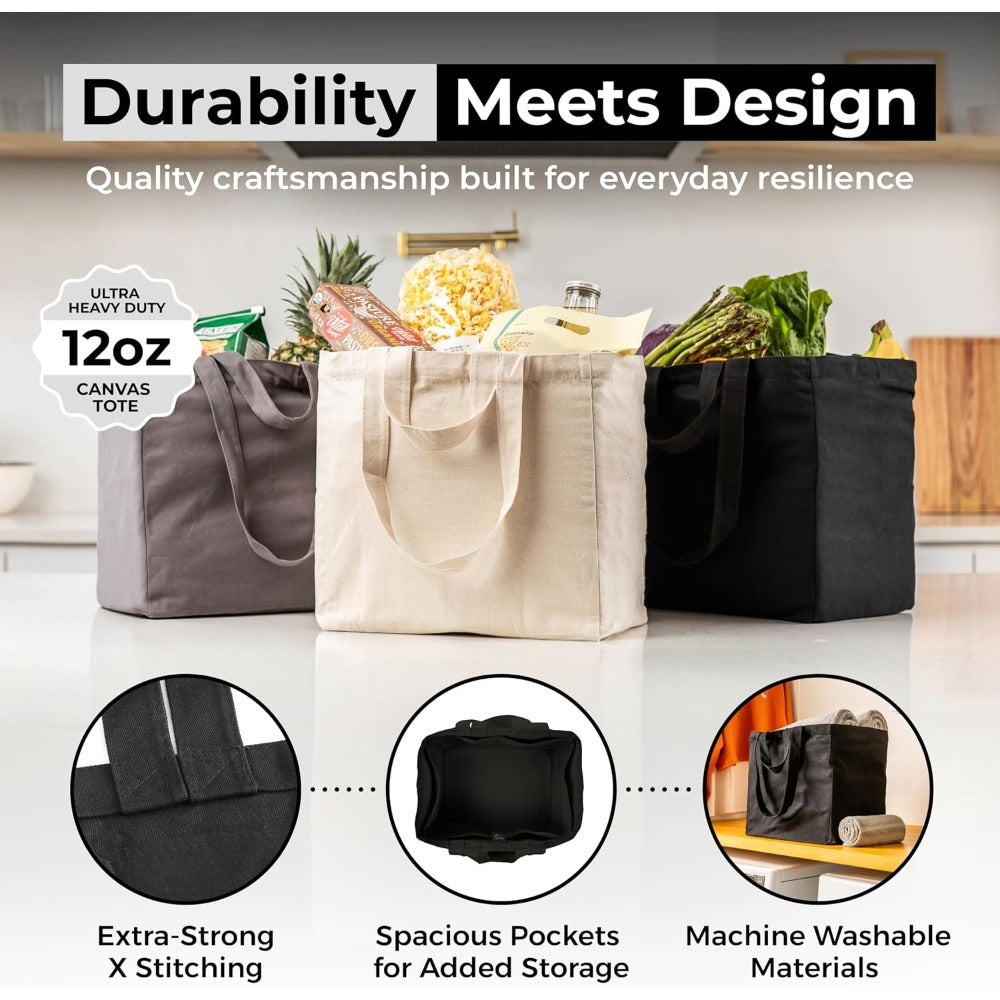 Canvas Grocery Bag 3pc XL Set with Real Pockets, Long Shoulder Strap and Short Handle. Heavy Duty, Foldable, Washable