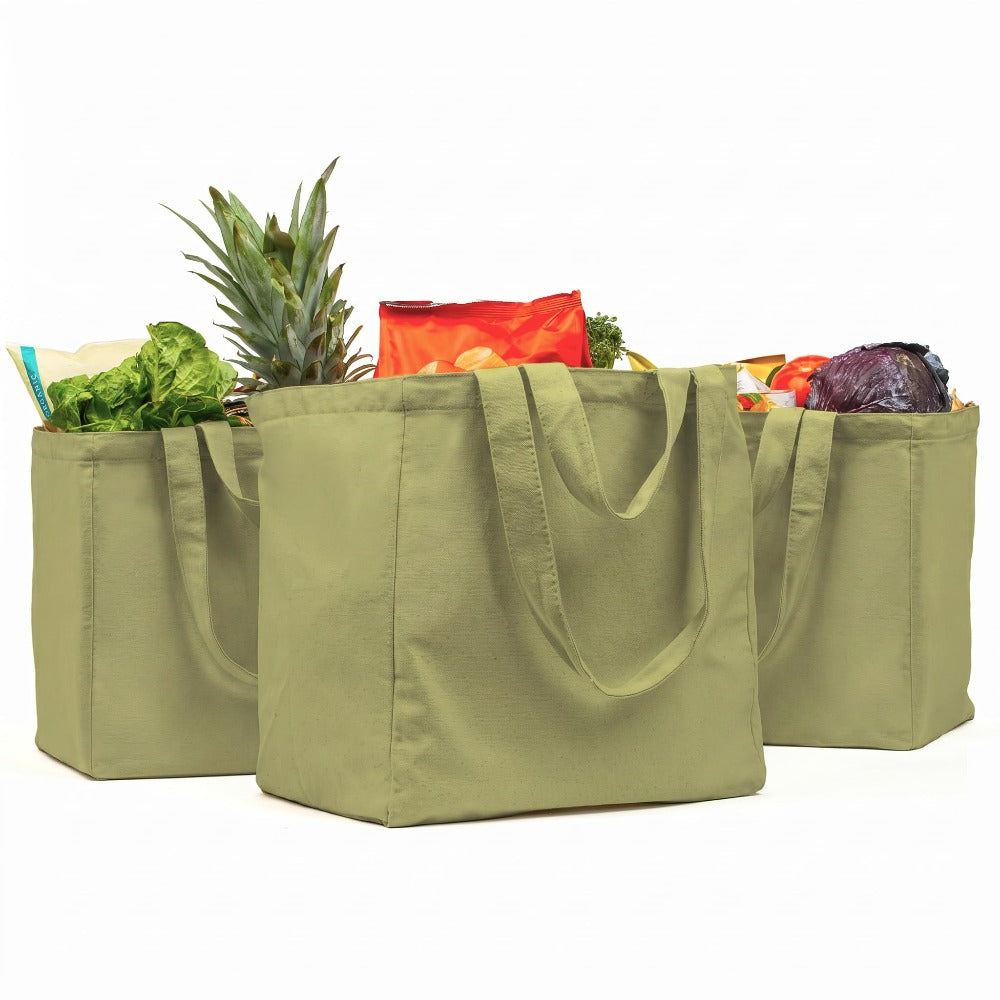 Canvas Grocery Bag 3pc XL Set with Real Pockets, Long Shoulder Strap and Short Handle. Heavy Duty, Foldable, Washable