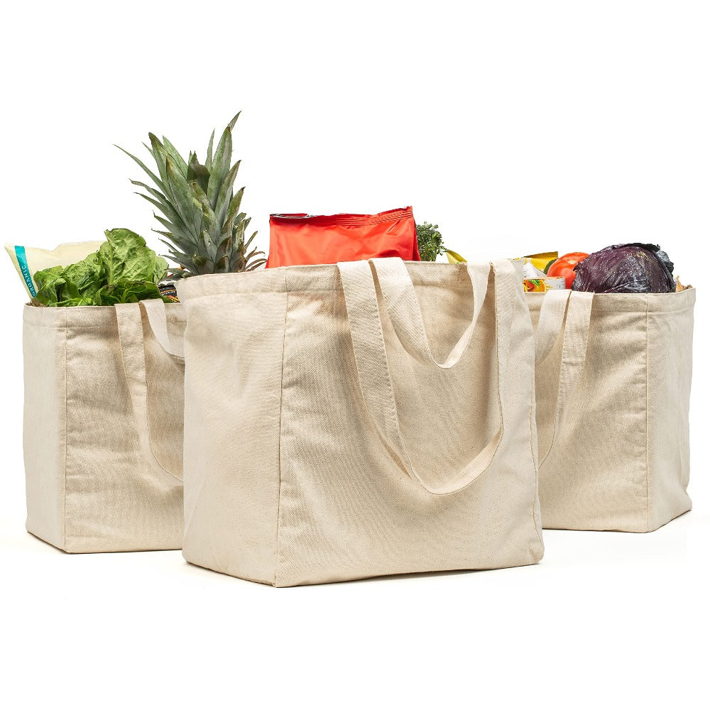Canvas Grocery Bag 3pc XL Set with Real Pockets, Long Shoulder Strap and Short Handle. Heavy Duty, Foldable, Washable